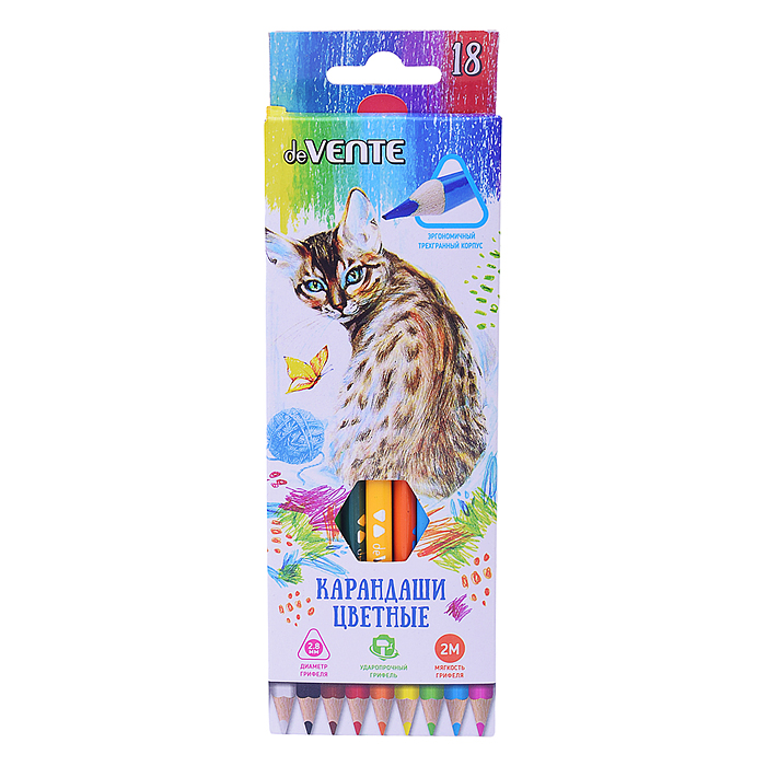 Карандаши цветные "Trio" 18 цветов, 2М, диаметр грифеля 2,8 мм, трехгранные, в картонной ко