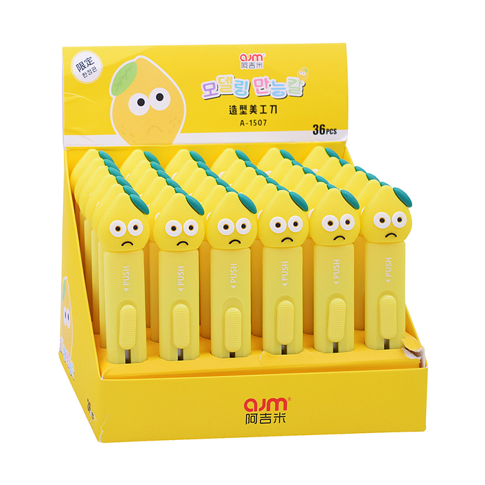 Нож канцелярский "Лимон" со стальным многосекц.лезвием 12 мм. и резиновой фигуркой, в пластиково