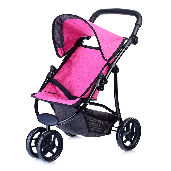 Коляска для кукол 9671,3-колесная, металлическая,прогулочная, с тентом, с корзиной,цвет ярко-розовый