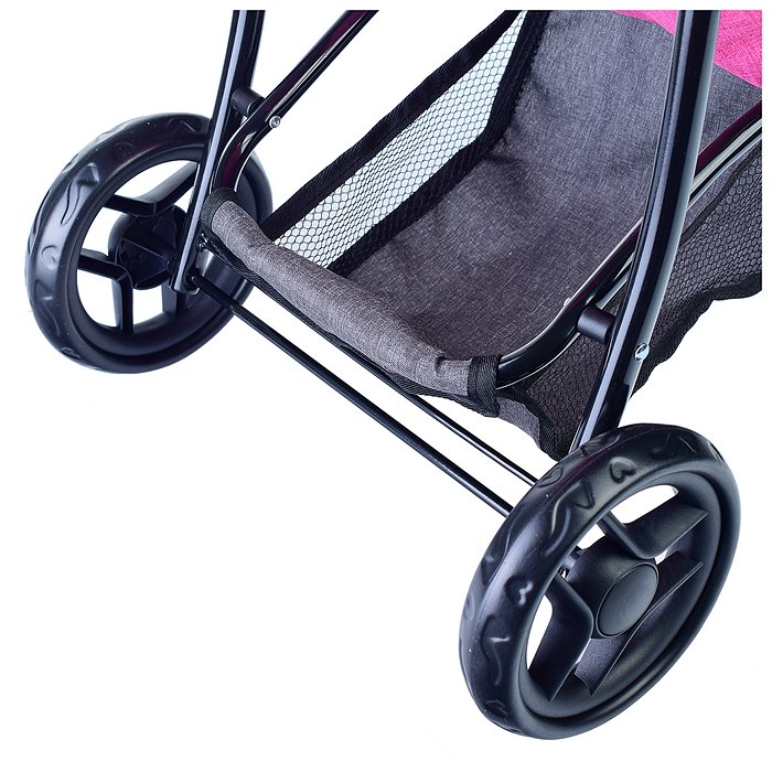 Коляска для кукол 9671,3-колесная, металлическая,прогулочная, с тентом, с корзиной,цвет ярко-розовый