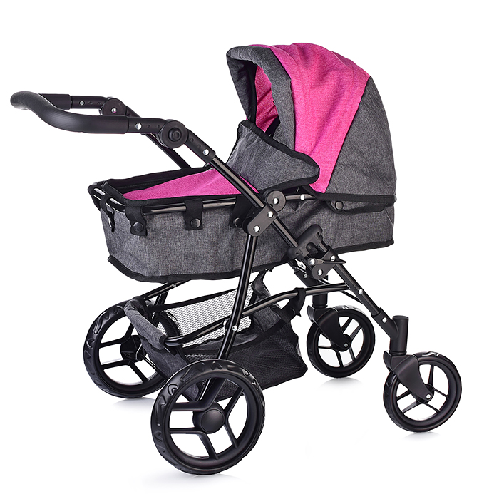 Коляска для кукол 9651BS 2 в 1 металлическая, цвет серо-розовый