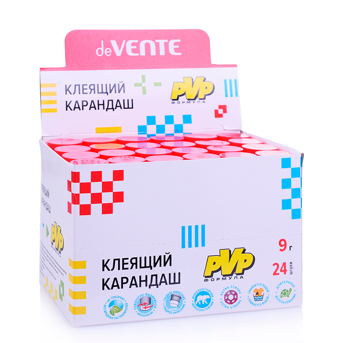 Клеящий карандаш PVP основа, 09 г, (быстросохнущий) в картонном дисплее, с пластиковым поддон