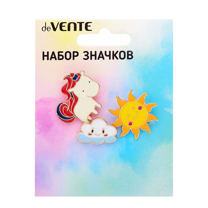 Набор значков "Unicorn" эмалированные, размер изделий: тучка 2x1,5 см, единорог 2,8x2,6 см,