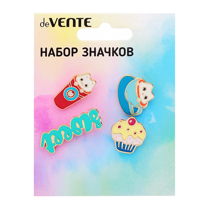Набор значков "Sweetie!" эмалированные, размер изделий: кот 2,2x1,9 см, кот в чашке 1,2x2,4
