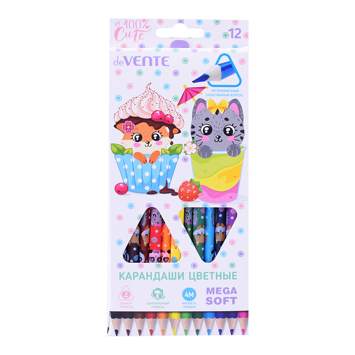 Фото к товару Карандаши цветные "100% Cute" 12 цветов, 4М, диаметр грифеля 3 мм, трехгранный корпус c зап Карандаши цветные "100% Cute" 12 цветов, 4М, диаметр грифеля 3 мм, трехгранный корпус c зап