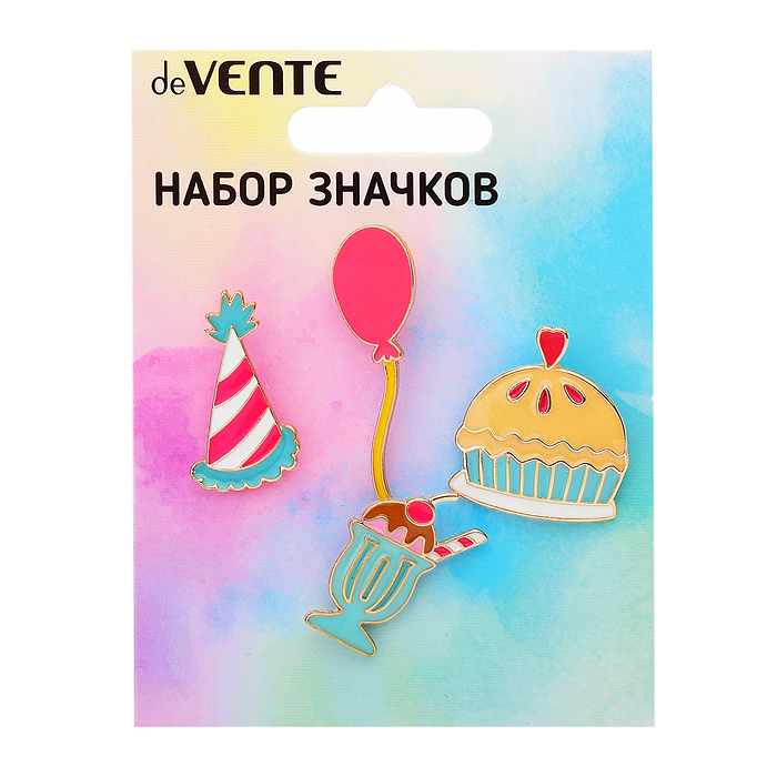 Набор значков "Birthday party" эмалированные, размер изделий: колпачок 1,6x2,8 см, шарик 1,2x4,4 см,