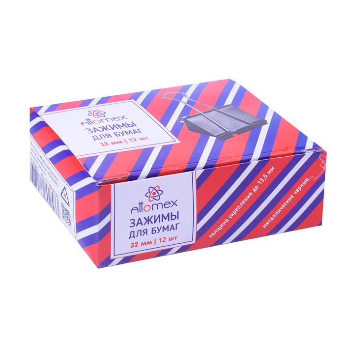 Фото к товару Зажим для бумаг "Attomex" металлический (32 мм) толщина скрепления до 13,5 мм, черный, 12 шт в карто Зажим для бумаг "Attomex" металлический (32 мм) толщина скрепления до 13,5 мм, черный, 12 шт в карто