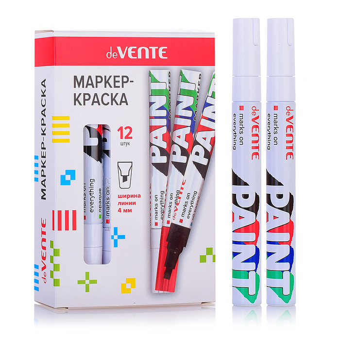 Маркер-краска белая, круглый алюминиевый корпус, с клипом, нитро-основа, скошенный наконечник, 4 мм