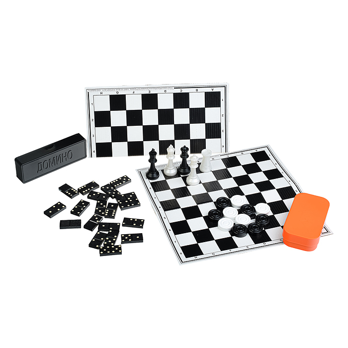Набор из 3 игр "Походный-малый" в чемоданчике (шахматы обиходные пластик,домино, шашки + 2 доски)
