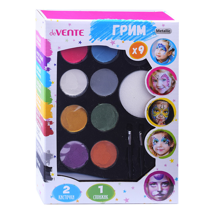 Набор для грима лица и тела, краски на водной основе (8 цветов металлик + 1 классический цв