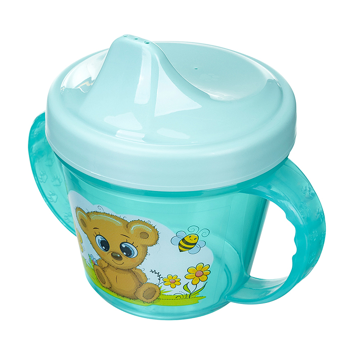 Фото к товару Поильник с ручками и декором, 200мл (Зеленый) Поильник с ручками и декором, 200мл (Зеленый)