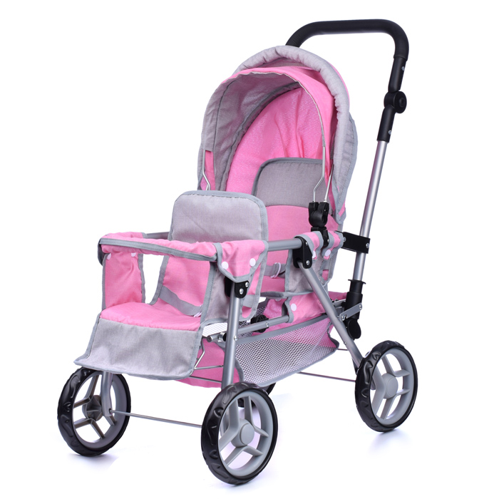 Коляска для кукол 9386 для двойни, металлическая, прогулочная, с тентом, с корзиной, цвет серо-розов