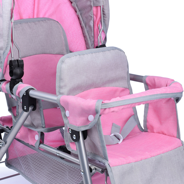 Коляска для кукол 9386 для двойни, металлическая, прогулочная, с тентом, с корзиной, цвет серо-розов