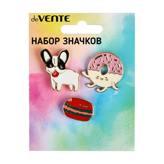 Набор значков "Music Dog" эмалированные, размер изделий: собака 2,2x2,4 см, пончик 2,4x2,6 