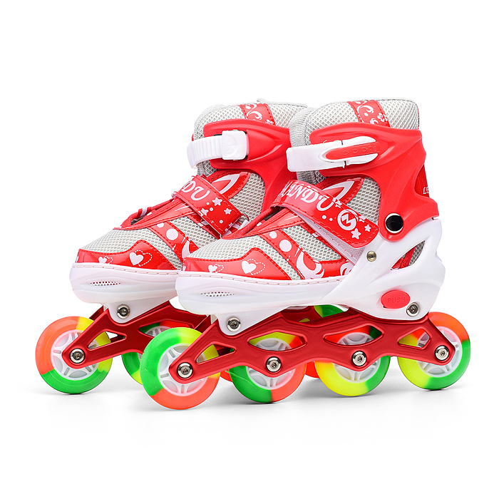 Фото к товару Ролики детские, M с комплектом защиты, цвет красный/синий с белым Ролики детские, M с комплектом защиты, цвет красный/синий с белым