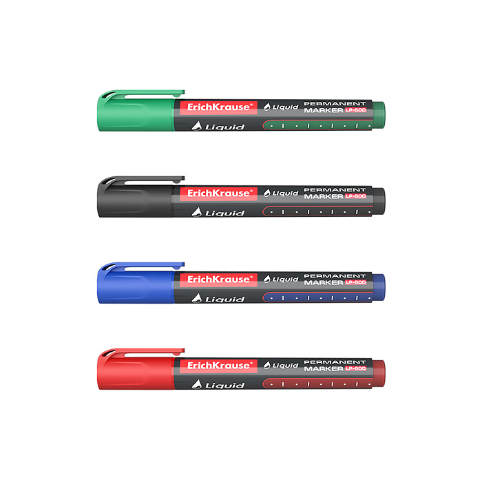 Перманентный маркер Liquid LP-600, цвет чернил: черный, синий, красный, зеленый (в футляре по 4 шт)
