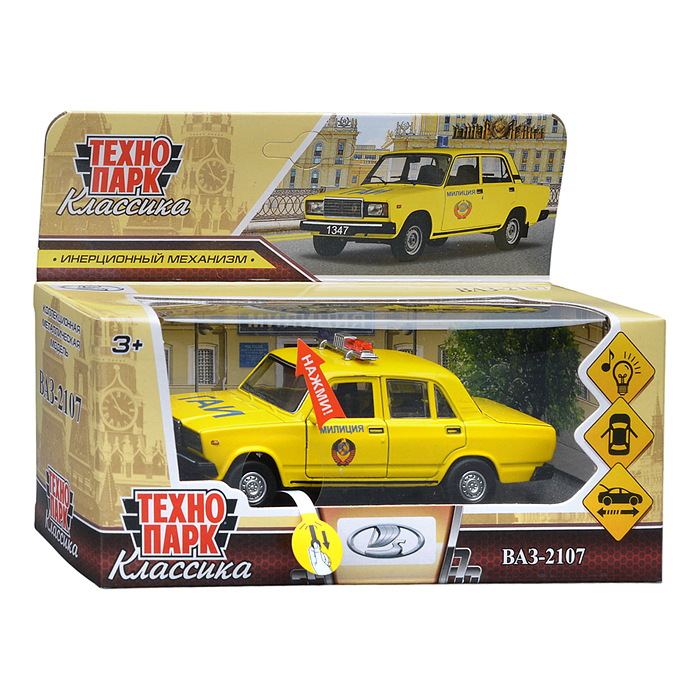 Машина металл ВАЗ-2107 Полиция 12 см, (св-зв, дв, баг,ин, желтый) инерц., в коробке