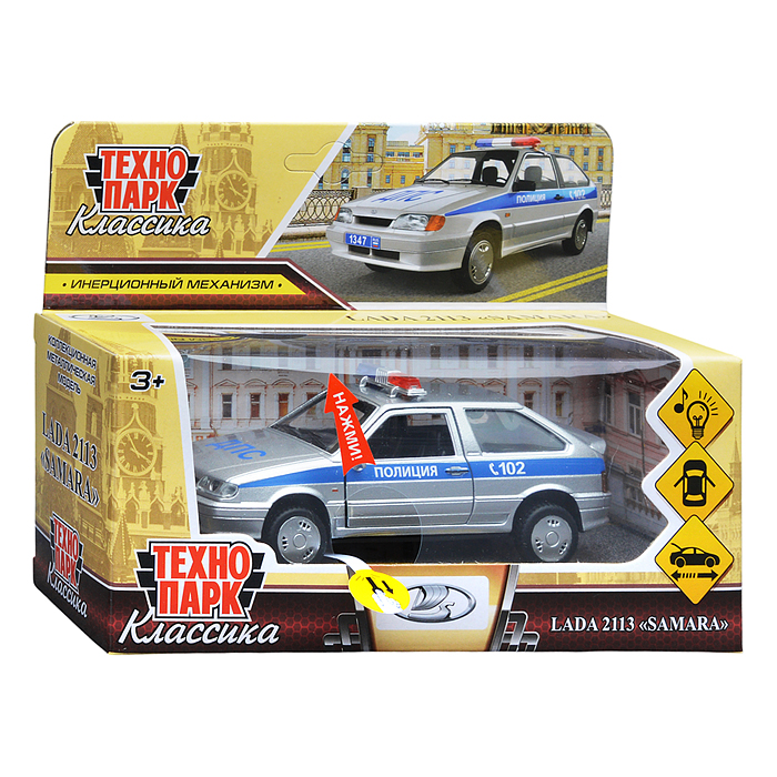 Машина металл ВАЗ-2113 Полиция 12 см, (двери, серебристый,свет-звук) в коробке