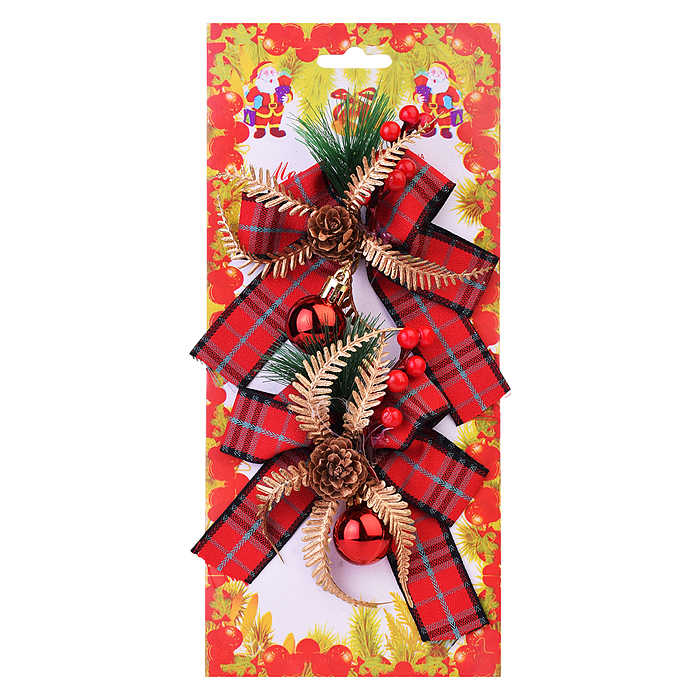 Фото к товару Набор новогодних украшений S2204 "Бантики с шишками" красные Набор новогодних украшений S2204 "Бантики с шишками" красные