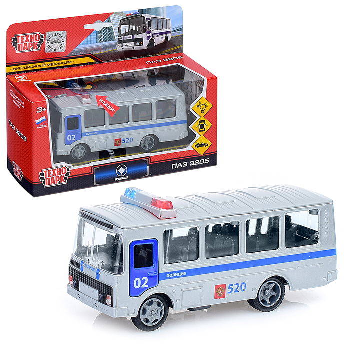 Машина металл ПАЗ 3205 14 см, (свет-звук, дв., багажник) инерц., в коробке