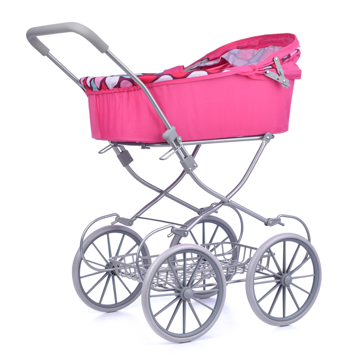 Коляска-люлька 9673 для кукол, металлическая, с корзиной, цвет розовая капля