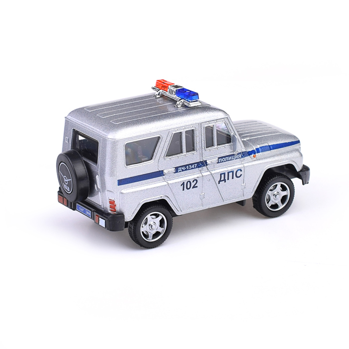 Фото к товару Машина металл УАЗ Хантер Полиция 10,5 см, серебристый, инерц., в коробке Машина металл УАЗ Хантер Полиция 10,5 см, серебристый, инерц., в коробке