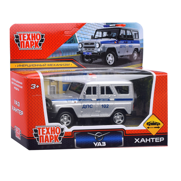 Фото к товару Машина металл УАЗ Хантер Полиция 10,5 см, серебристый, инерц., в коробке Машина металл УАЗ Хантер Полиция 10,5 см, серебристый, инерц., в коробке