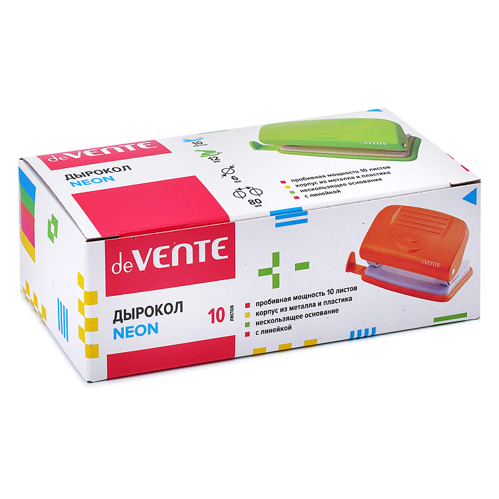 Дырокол "Neon" (10 листов) пластиковый с линейкой, в картонной коробке, неоновый желтый