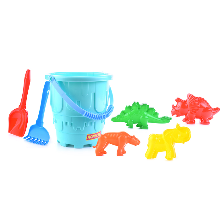 Набор №527: ведро-замок большое, лопатка №5, грабельки №5, формочки (тигр + мамонт + динозавр №1 + д