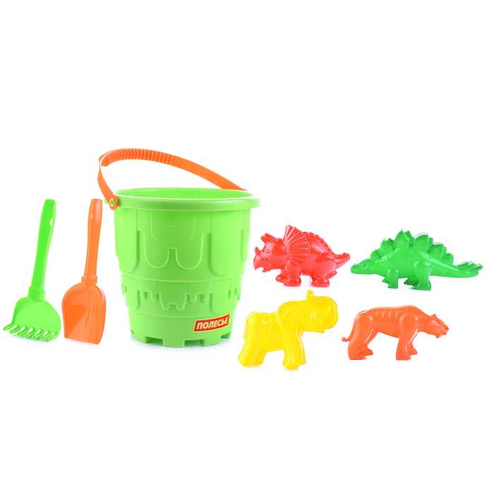 Набор №527: ведро-замок большое, лопатка №5, грабельки №5, формочки (тигр + мамонт + динозавр №1 + д