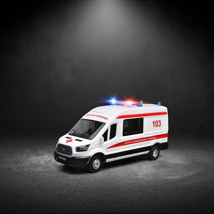 Машина пластик свет-звук Ford transit "Скорая" 22,5 см. (двери) 4 кнопки