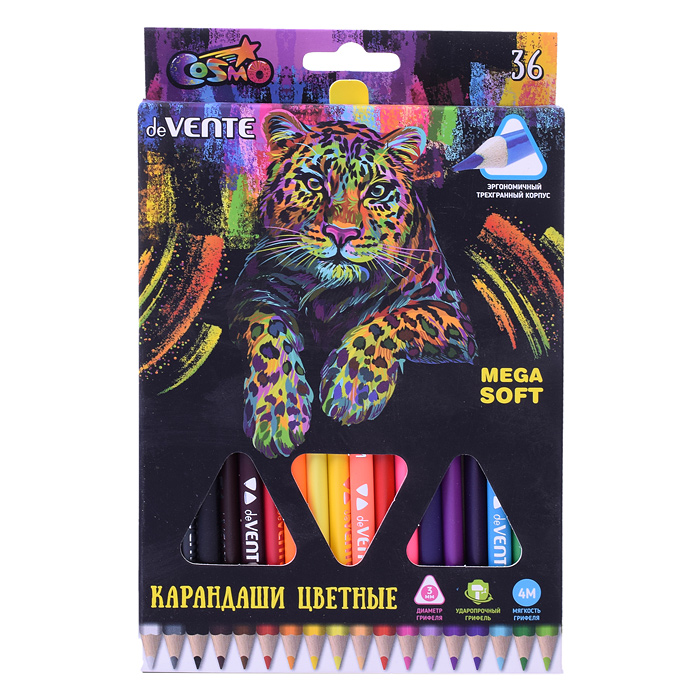 Фото к товару Карандаши цветные "Trio Mega Soft" 36 цветов, 4М, диаметр грифеля 3 мм, трехгранные, в карт Карандаши цветные "Trio Mega Soft" 36 цветов, 4М, диаметр грифеля 3 мм, трехгранные, в карт