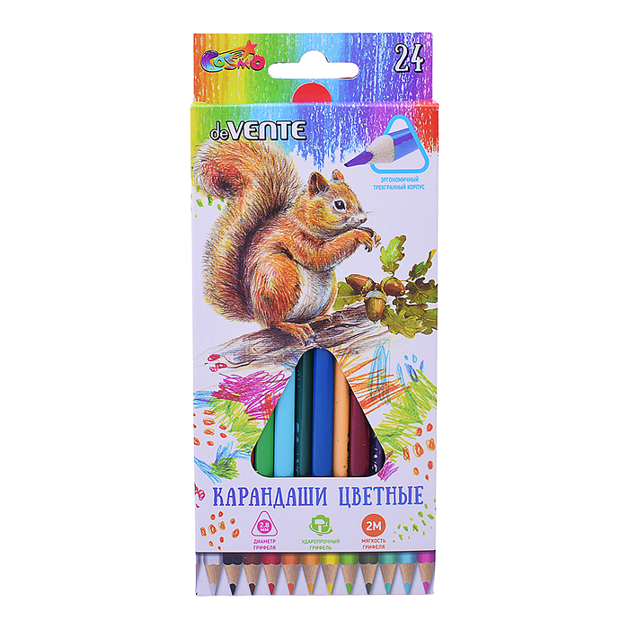 Карандаши цветные "Trio" 24 цвета, 2М, диаметр грифеля 2,8 мм, трехгранные, в картонной кор