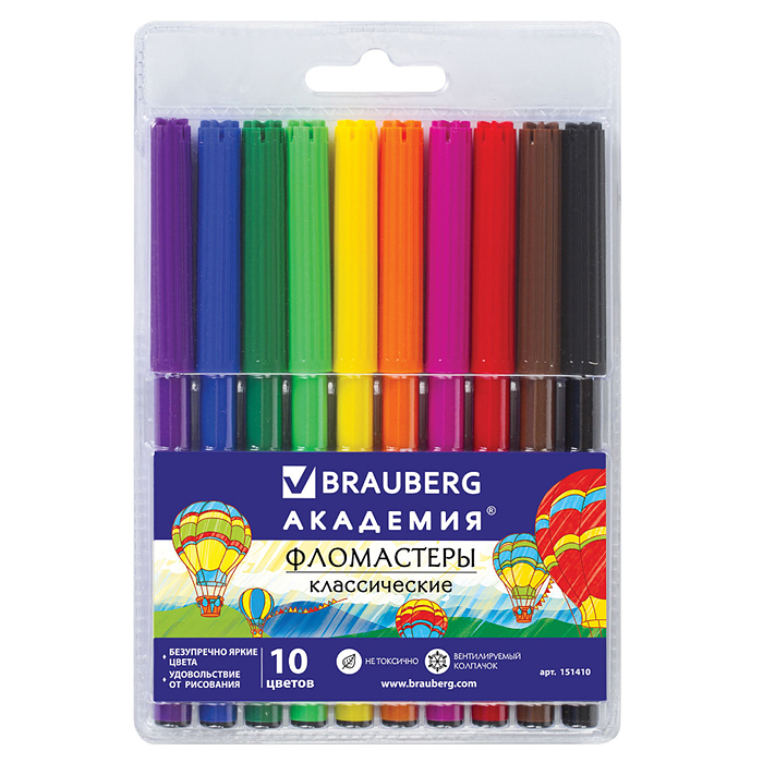 Фломастеры 10 цв., "Академия", вентилируемый колпачок, ПВХ упаковка