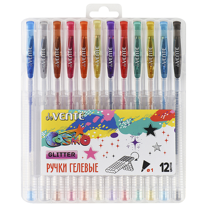 Набор ручек гелевых "Cosmo Glitter" 12 цветов с блестками, d=1 мм, прозрачный корпус с мета Набор ручек гелевых "Cosmo Glitter" 12 цветов с блестками, d=1 мм, прозрачный корпус с мета