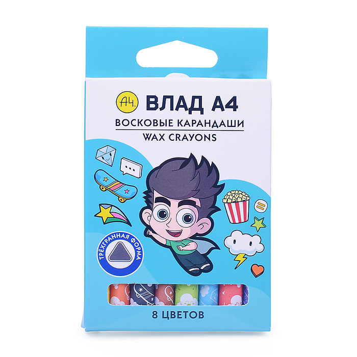Мелки восковые 8 цв. "Влад А4" трехгран. корпус диаметр 8мм.