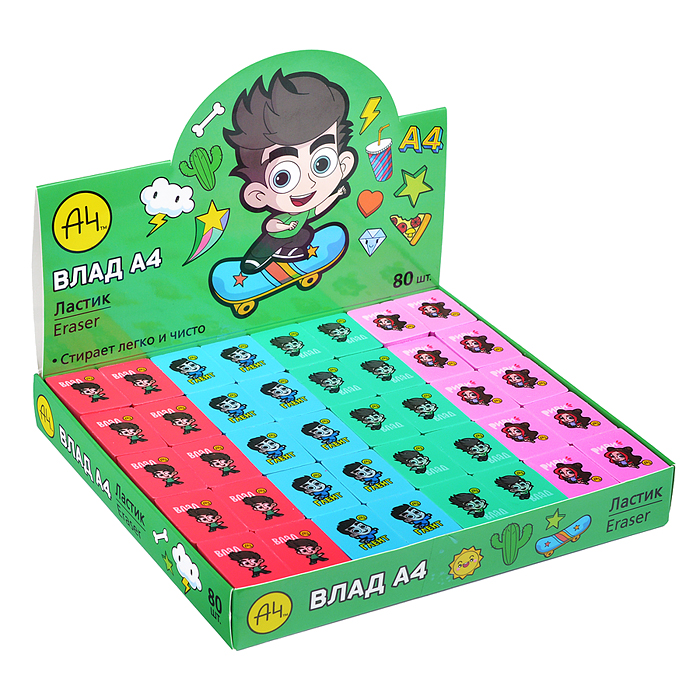 Фото к товару Ластик из термопластичной резины "Влад А4" Ассорти 28х18х9 мм 80шт в картонной Ластик из термопластичной резины "Влад А4" Ассорти 28х18х9 мм 80шт в картонной