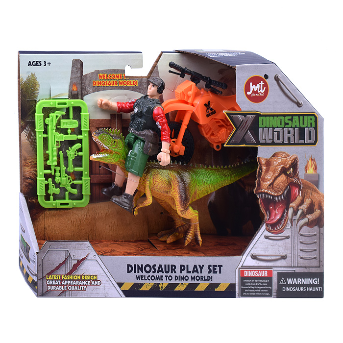 Набор динозавров C6-3 "Юрский период" с фигуркой, динозавром и мотоциклом в коробке