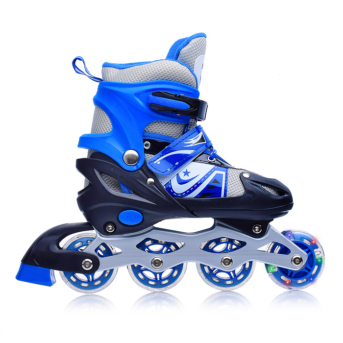 Ролики детские U001744Y (размер M) черно-синие с белым, PU колёса со светом. в сумке