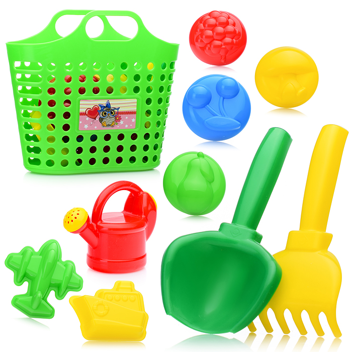 Песочный набор в корзинке "Королевский " ( 6 формочек, совок, грабли, леечка )