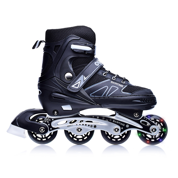 Фото к товару Роликовые коньки U001751Y раздвижные, PU колёса со светом, размер S, черные, в сумке Роликовые коньки U001751Y раздвижные, PU колёса со светом, размер S, черные, в сумке