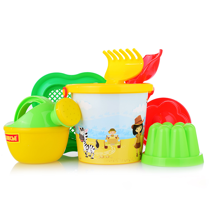 Фото к товару Набор №228: ведро малое с наклейкой, ситечко-цветок, совок №2, грабельки №2, 2 формочки, лейка малая Набор №228: ведро малое с наклейкой, ситечко-цветок, совок №2, грабельки №2, 2 формочки, лейка малая