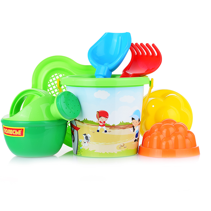 Фото к товару Набор №228: ведро малое с наклейкой, ситечко-цветок, совок №2, грабельки №2, 2 формочки, лейка малая Набор №228: ведро малое с наклейкой, ситечко-цветок, совок №2, грабельки №2, 2 формочки, лейка малая