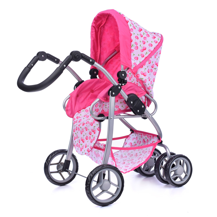 Коляска 9661 зима-лето для кукол, металлическая, с люлькой-переноской, с корзиной, цвет вишенка