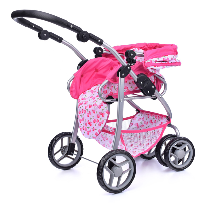 Коляска 9661 зима-лето для кукол, металлическая, с люлькой-переноской, с корзиной, цвет вишенка