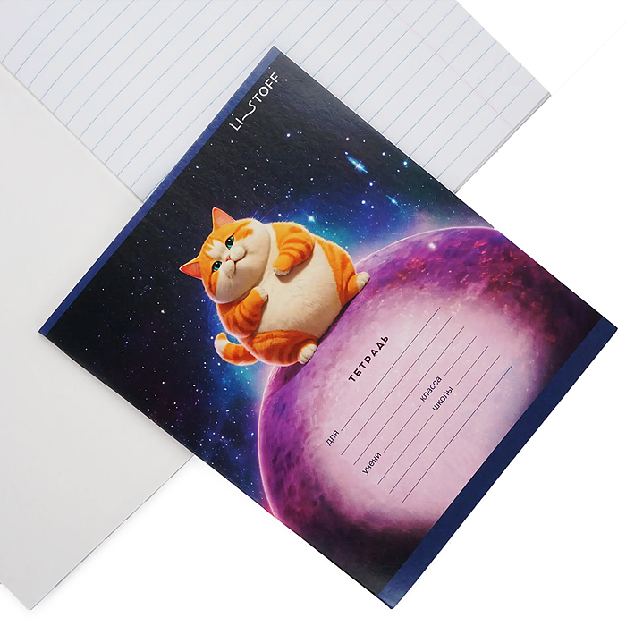 Тетрадь 18л. "Космический котик" линия, скрепка, поля