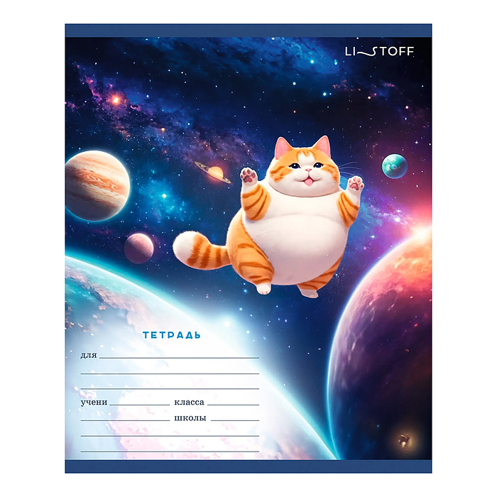 Тетрадь 18л. "Космический котик" линия, скрепка, поля