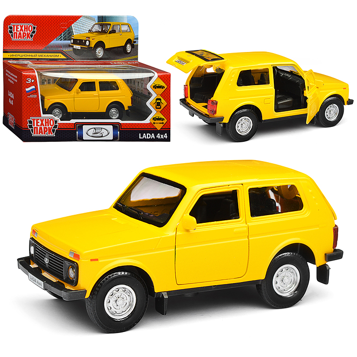 Машина металл LADA 4x4 12 см, (двери, багаж, желтый)инерц, в коробке