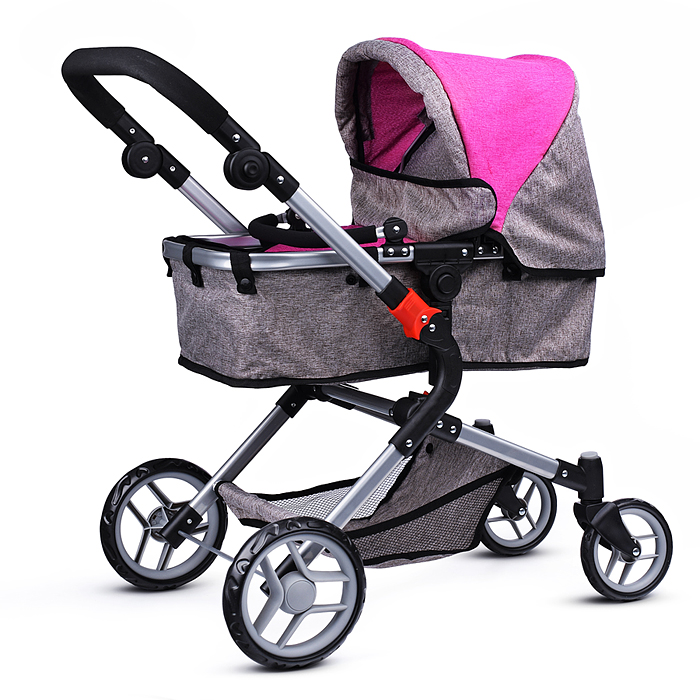 Коляска-трансформер для кукол 9633 металлическая, регулируемая ручка, с корзиной, цвет красно-голуб