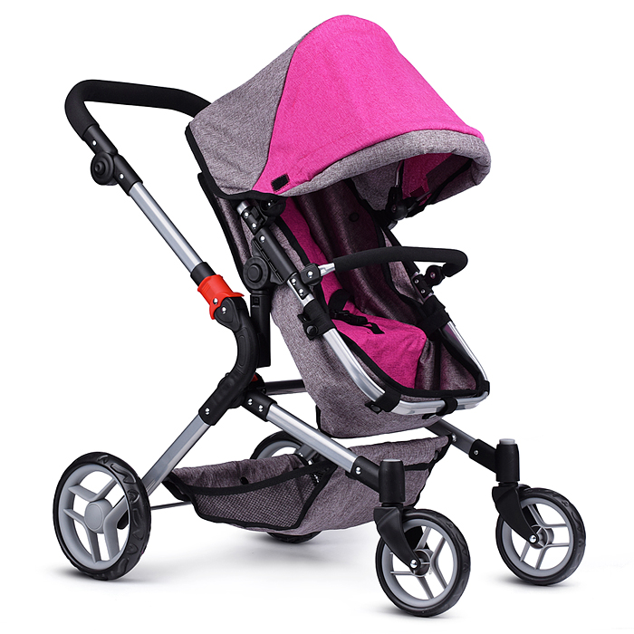 Коляска-трансформер для кукол 9633 металлическая, регулируемая ручка, с корзиной, цвет красно-голуб